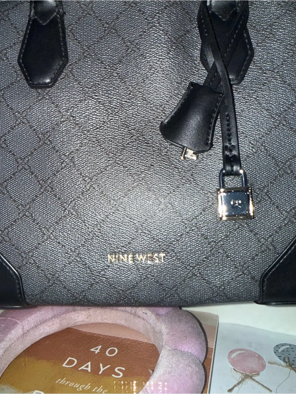 Nine West Black Quilted Satchel with Gold Accent